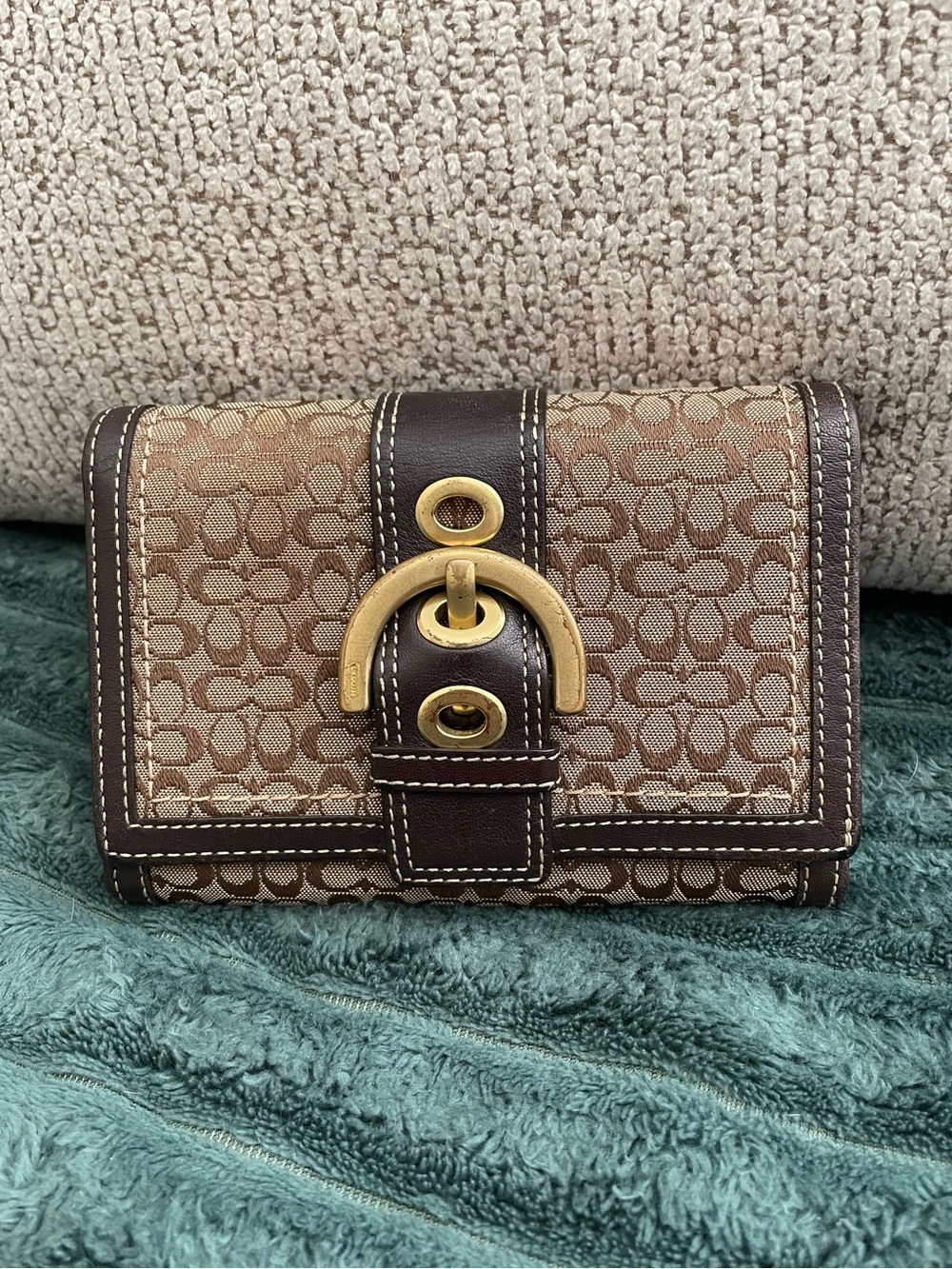 Coach Soho Wallet- Brown Signature Print Wallet with Gold-Tone Buckle